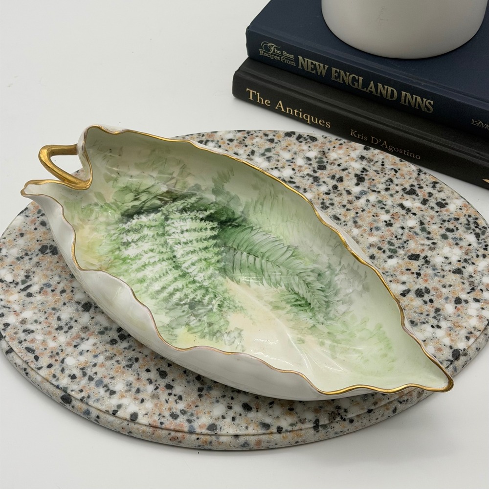 Vintage Hand Painted Fern Leaf Porcelain Dish Botanical Trinket Tray 12"